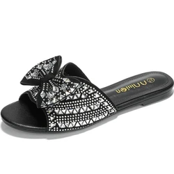 Women Sandals Sexy Slippers Summer Rhinestone Slip on Silk 3CM Thick Heel Street Style Zapatos Mujer Ladies Low Heels Shoes Blue