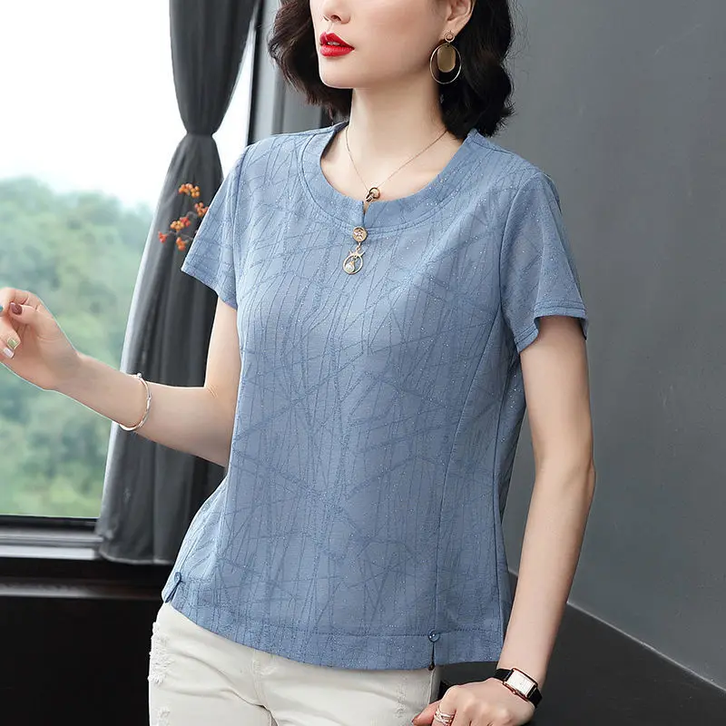 

Chiffon Tees 2023 Summer Short Sleeve New O-Neck Blouse Loose Striped Button Fashion Women's T-shirt Casual Elegant Tops