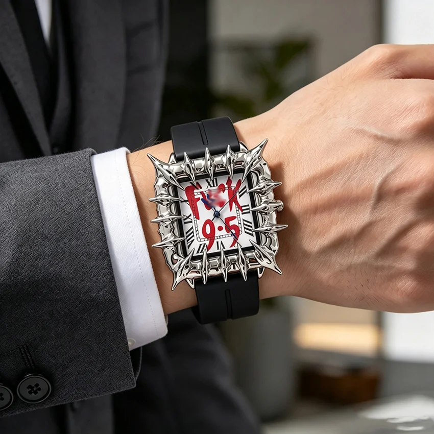 Futuristic Punk Men's Watch Spiky Thorn Bezel 9-5 Work Slogan Square Luxury Quartz Watch Gothic Hip Hop Watch for Men 2026