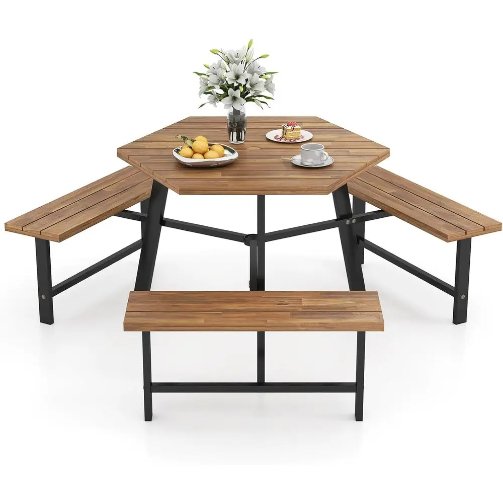 

Hexagonal Outdoor Acacia Wood Picnic Table Set with 3 Benches, Umbrella Hole, Ideal for Patio, Garden, and Poolside