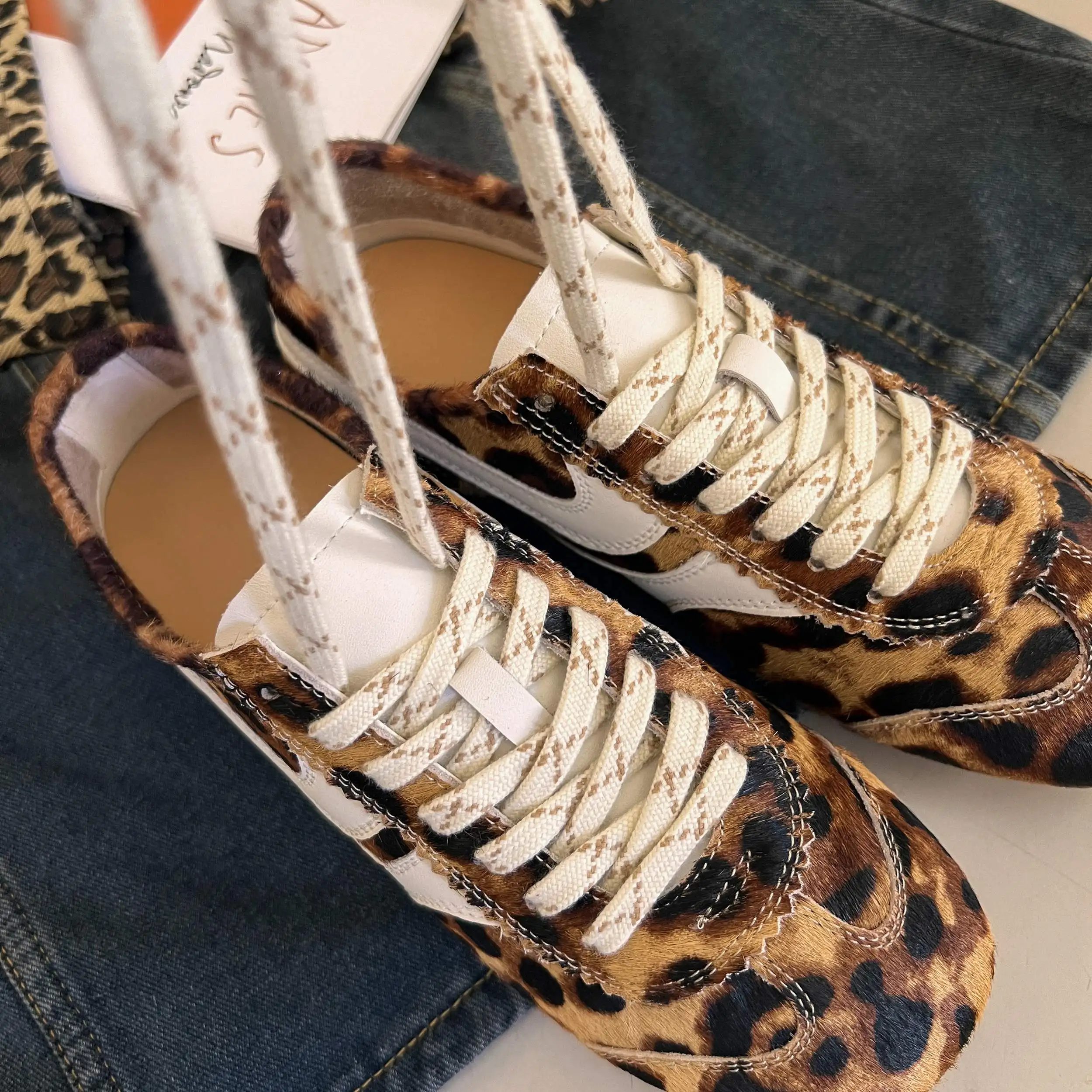 Lanxuryee Horsehair Lace Up Flat With Spring Winter Casual Shoes Leopard Brand Classics Sneakers Luxury Women Vulcanized Shoes