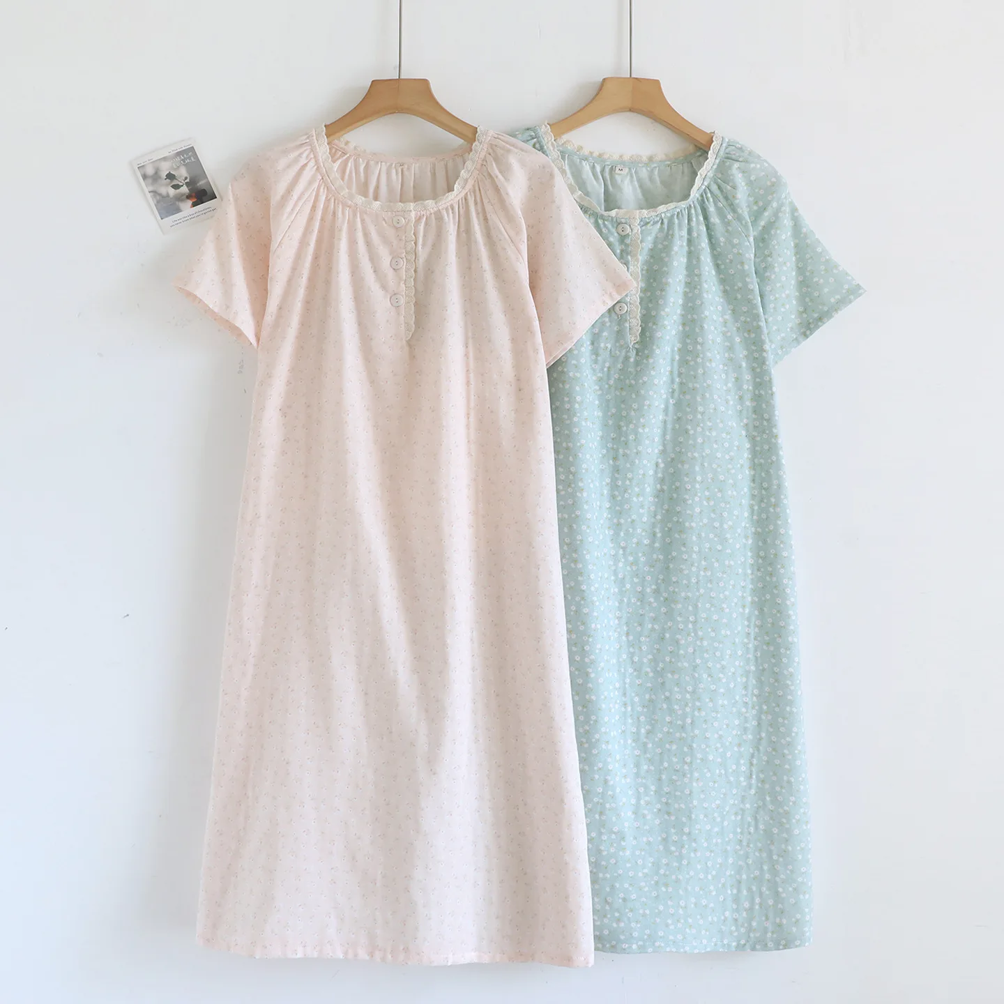 

Women's Summer Sleeping Skirt Cotton Crepe Cloth Skirt Round Neck Short Sleeve Loose Sweet Home Dress