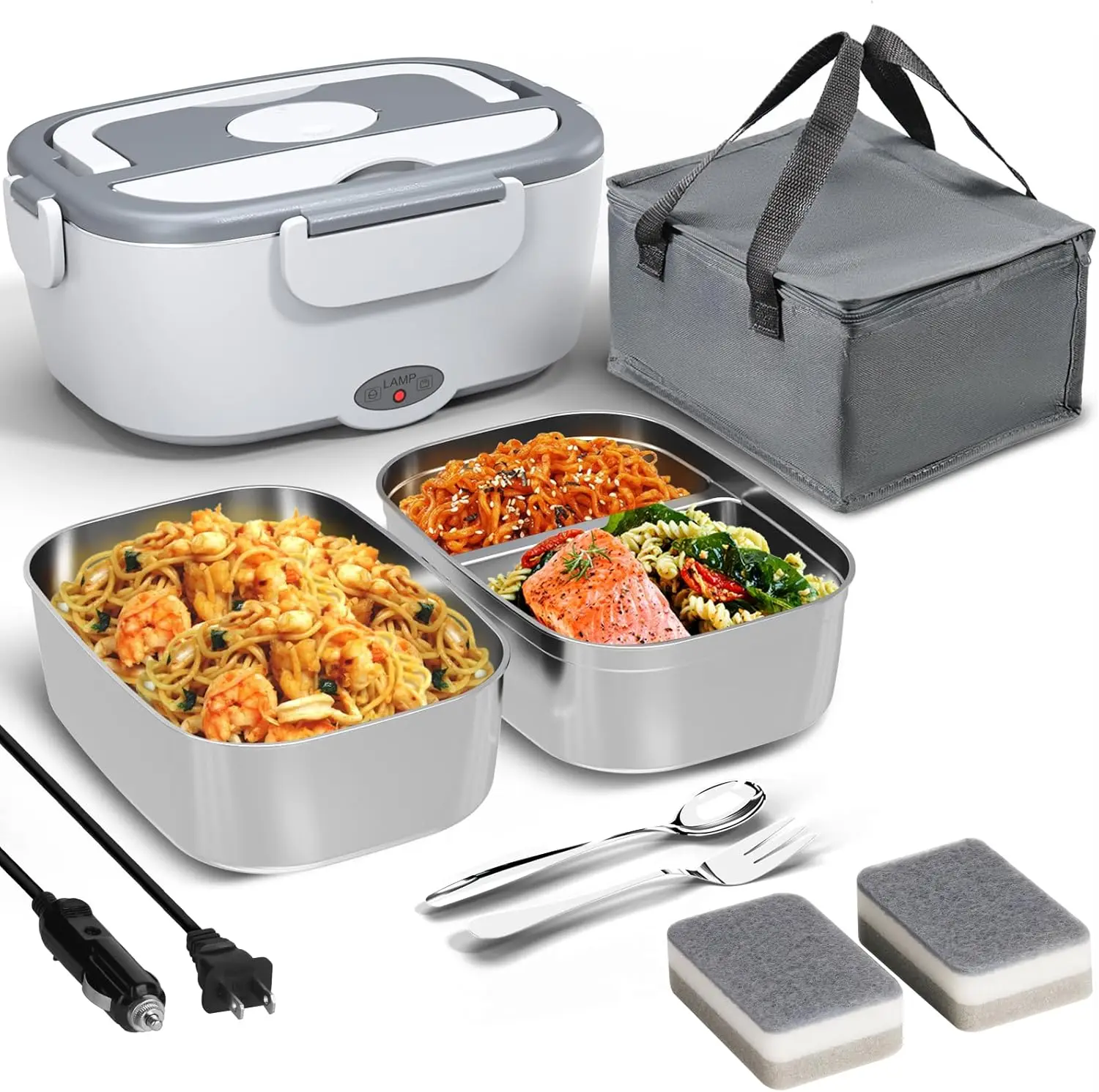 

Электрический ланч-бокс 80 Вт с двумя контейнерами из нержавеющей стали по 1,5 л, быстрый нагрев, портативный подогреватель еды для автомобиля и грузовика