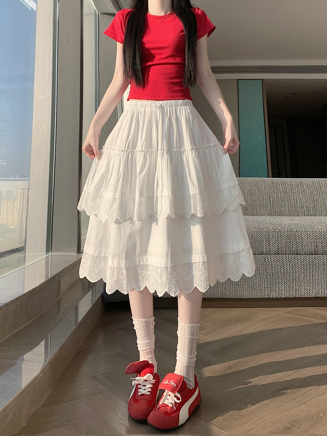 

Белая кружевная юбка А-силуэта с вставками, женская, с высокой талией, новая весенняя коллекция, двухслойная, с дизайном «лотос», юбка-торт