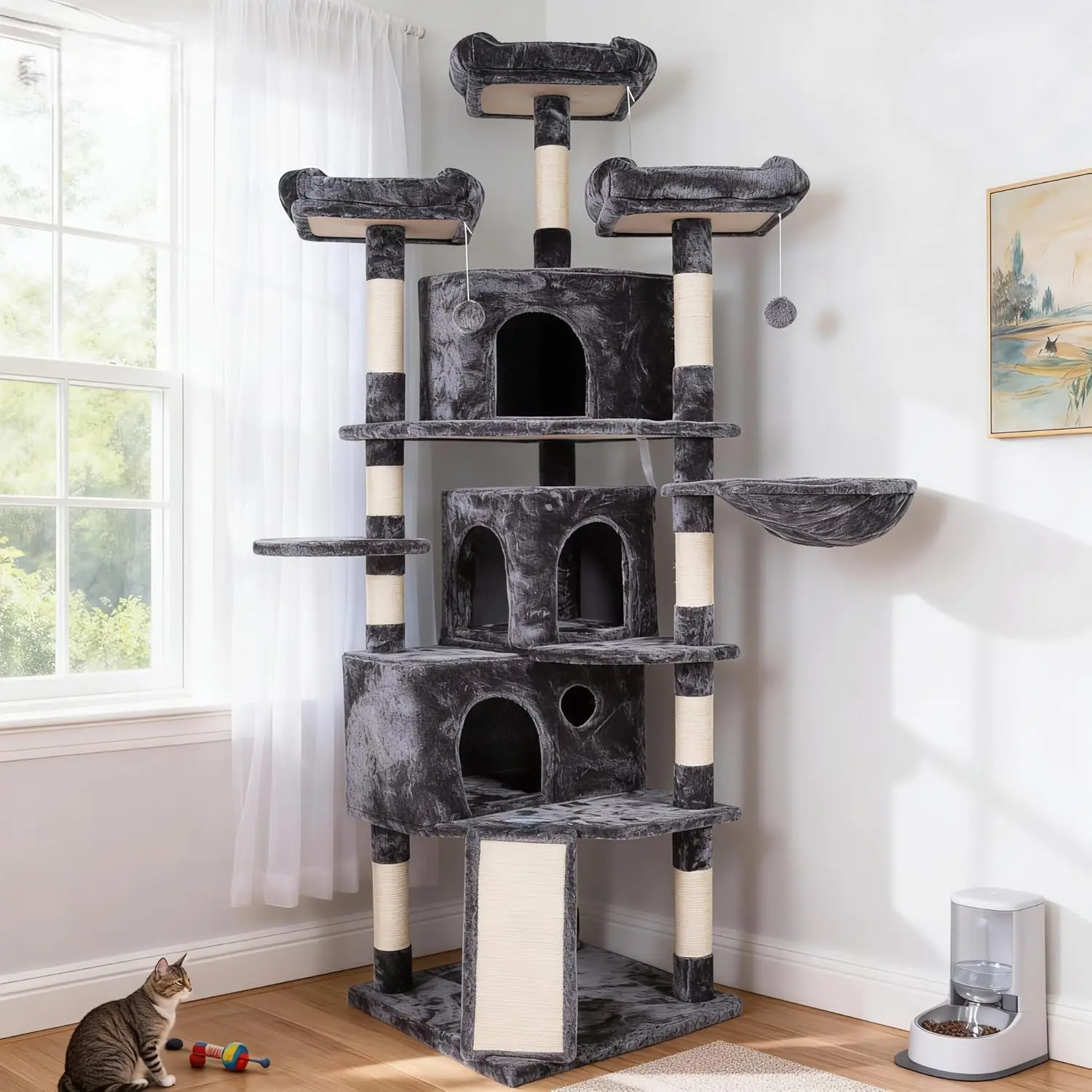 

XL Cat Tree, 73.4 inch Cat Tower with 3 Caves, 3 Cozy Perches, Scratching Posts, Board, Activity Center Stable for Kitte