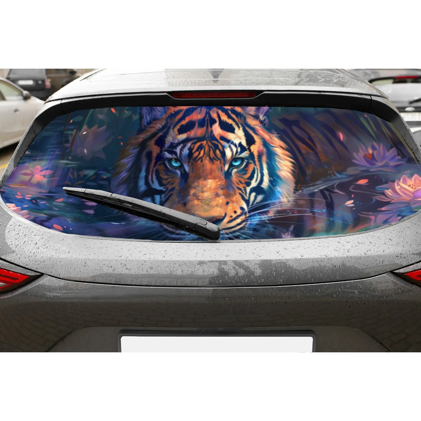 

Tiger Shadow with Lotus PVC Perforated Car Vinyl Wraps, Privacy Enhancing Design for Rear Window, Car Rear Windshield Sticker fo