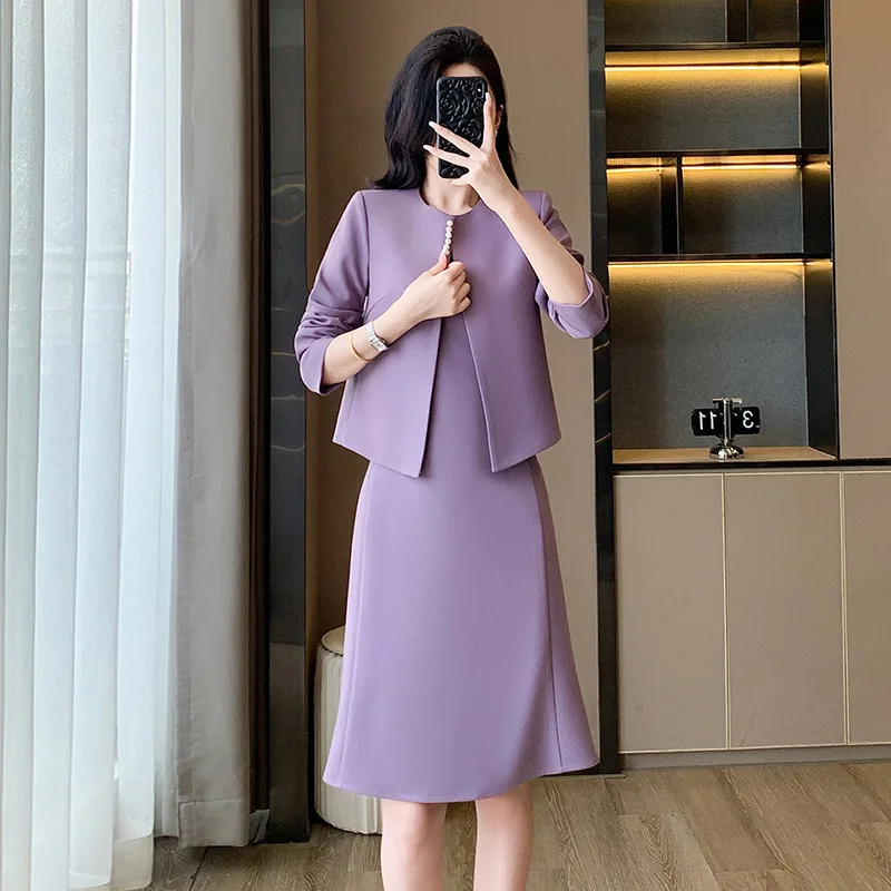 Hochwertiges lila kragenloses Anzugkleid2025Herbst- und Winter-Arbeitsplatz-Pendler-formelles Business-Kleid-Set, zweiteilig