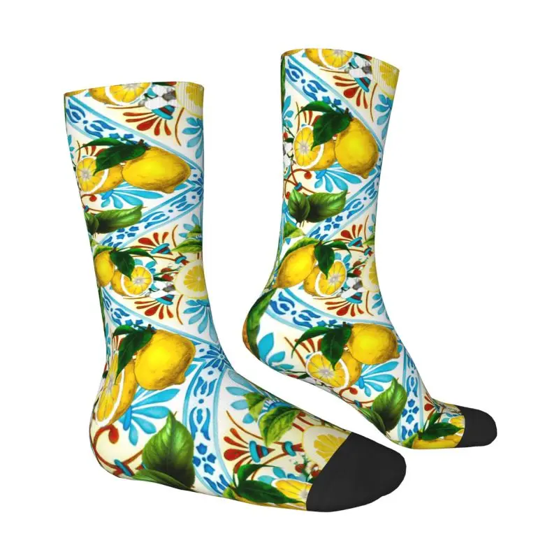 Custom Printing Mediterranean Style Sicilian Tiles Lemons Citrus Socks for Men Women Stretch Summer Autumn Winter Crew Socks