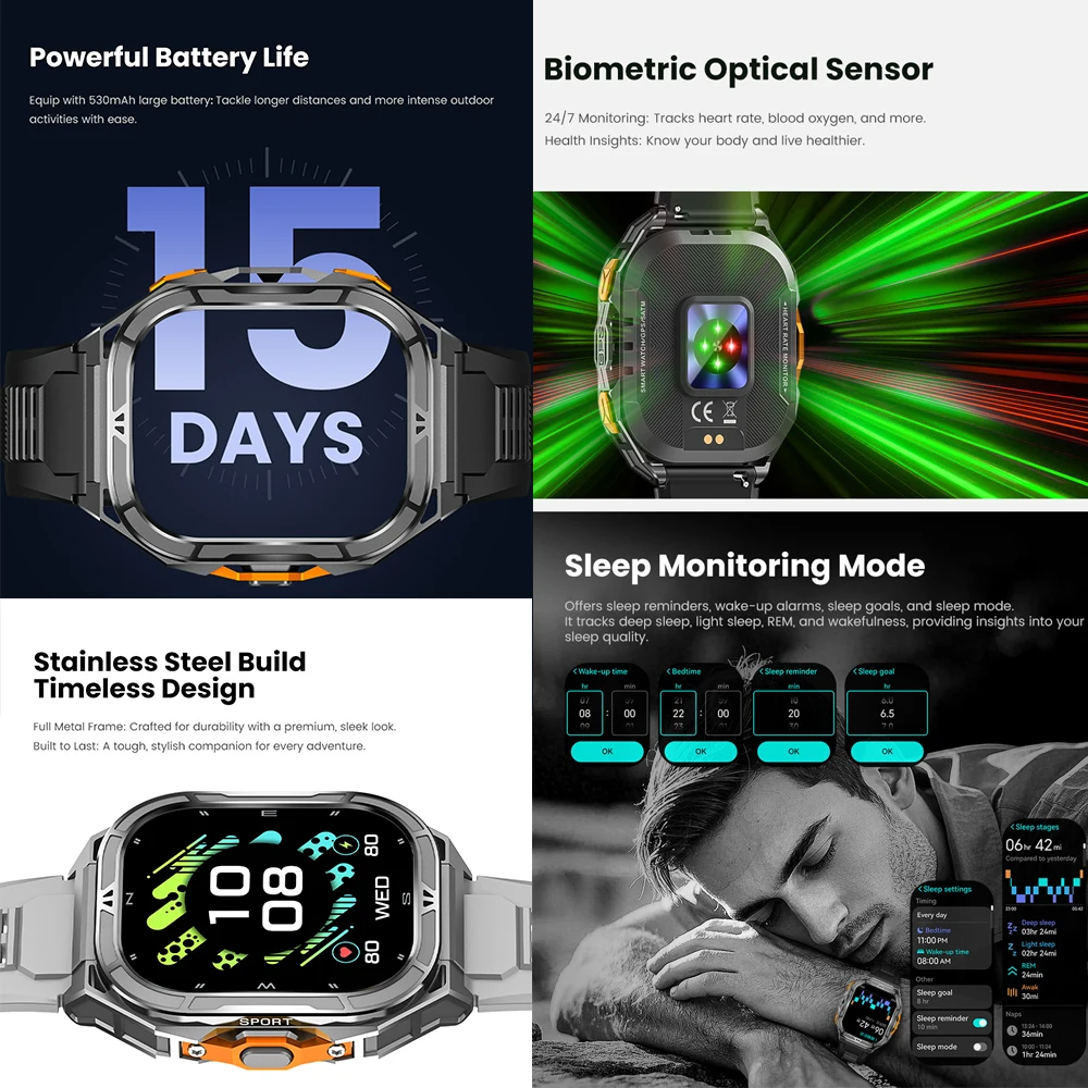 Dual Band GPS Smart Watch X5 Tank Rugged Sport Smart Watch 5ATM Waterproof 1.96" AMOLED Display Compass Barometer Altitude Watch