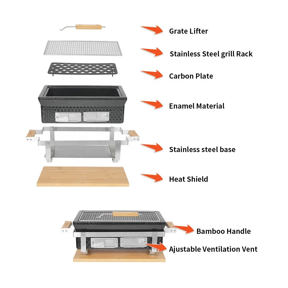 SEB KAMADO Charcoal BBQ Hibachi Grill With Grid Lifter Rectangular Portable Japanese Grill