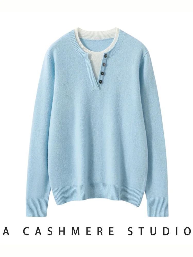 Tcyeek Women's 100% Cashmere Sweater O-neck Buttons Collar Pullover Simple Style Cashmere Knitwear Basic Clothes Autumn Winter