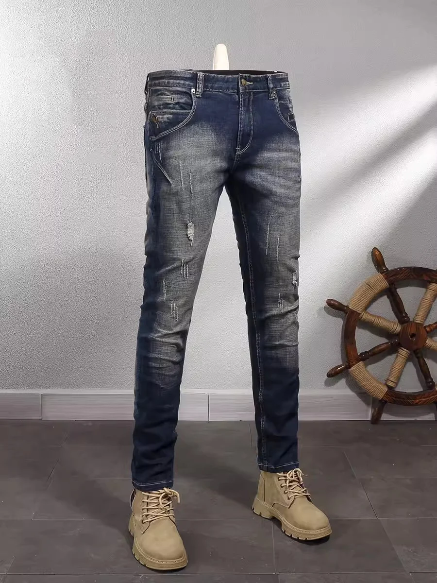 Streetwear Fashion Men Jeans Retro Black Blue Stretch Slim Fit Ripped Jeans Men Spliced Designer Hip Hop Vintage Denim Pants