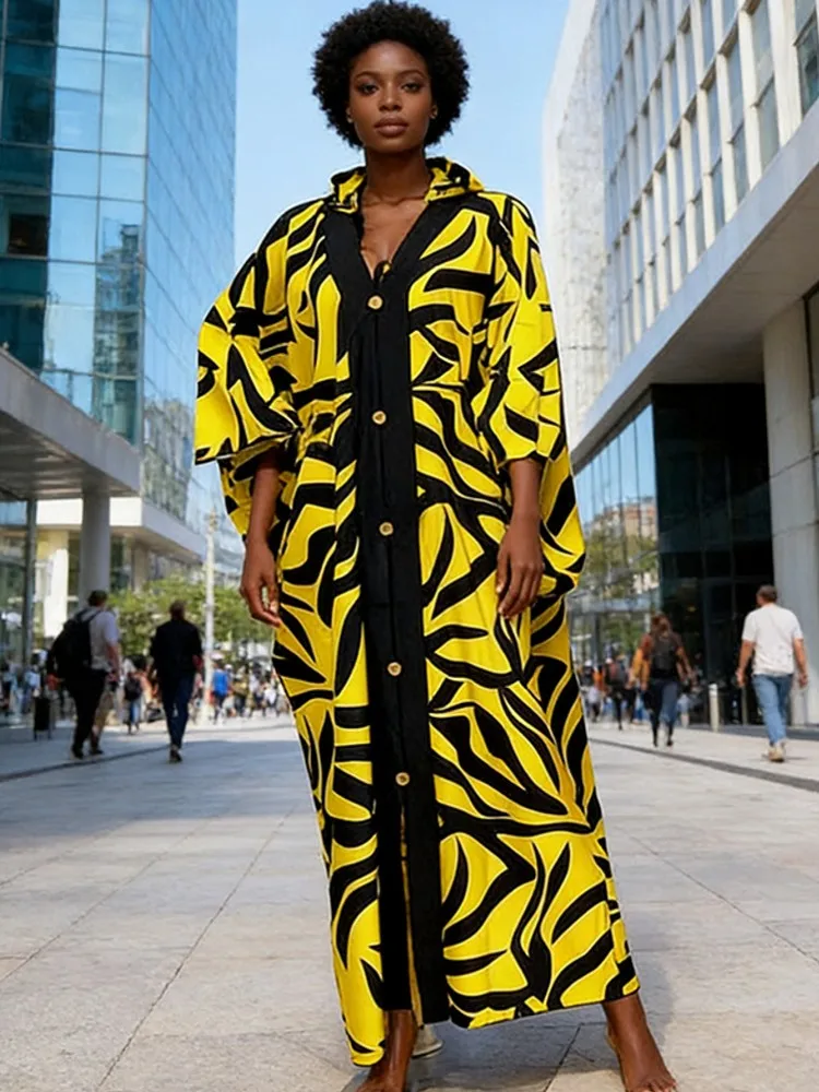 

Women Sexy Deep V-Neck Maxi Dresses Bohemian Lantern Sleeve Printed Long Dress Female Vintage Holiday Loose Beach Cover Up Robe