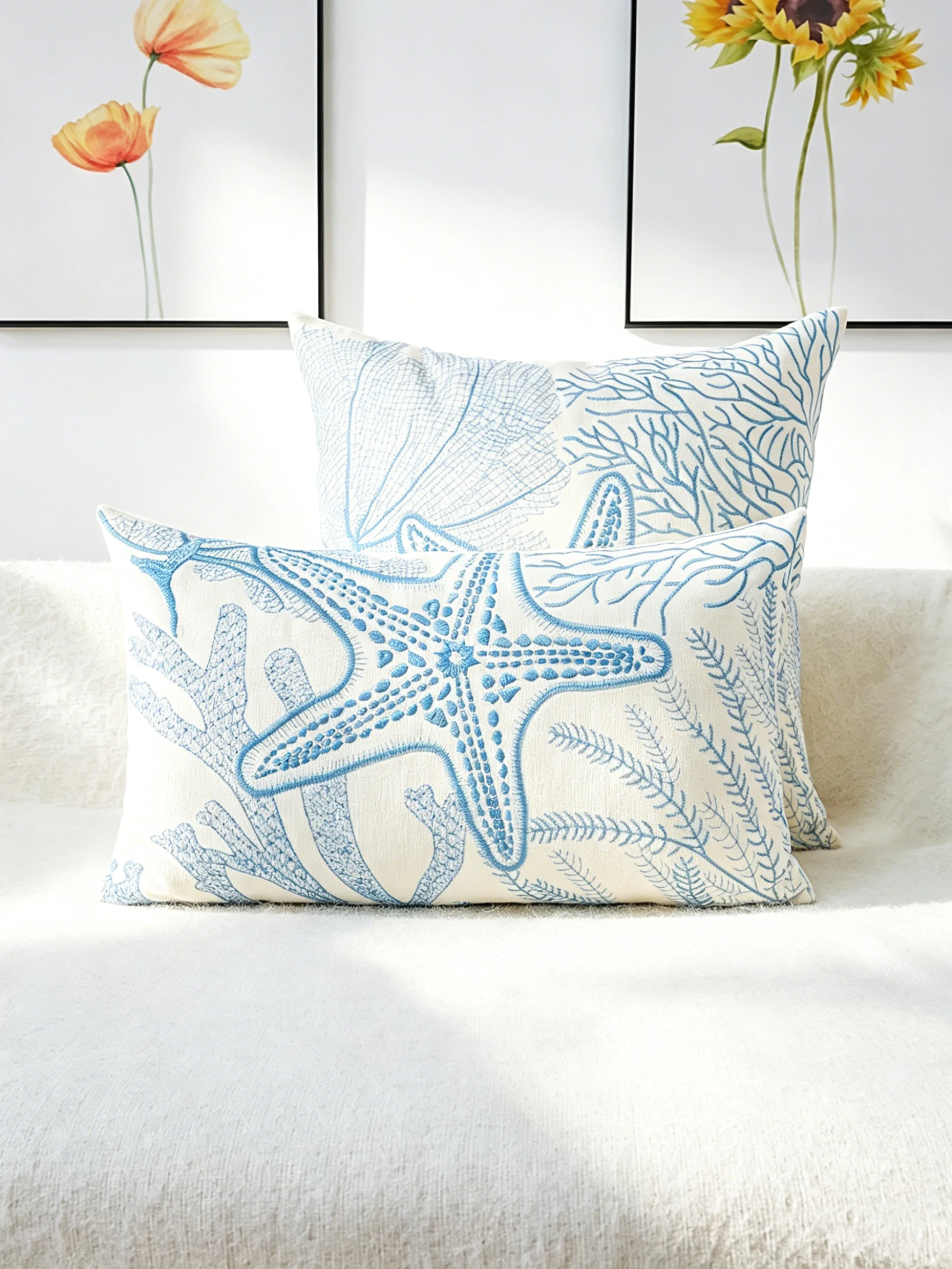 1PC Blue Starfish Pattern Embroidery Artwork Multi-Sized Home Universal Decorative Pillowcase without Insert