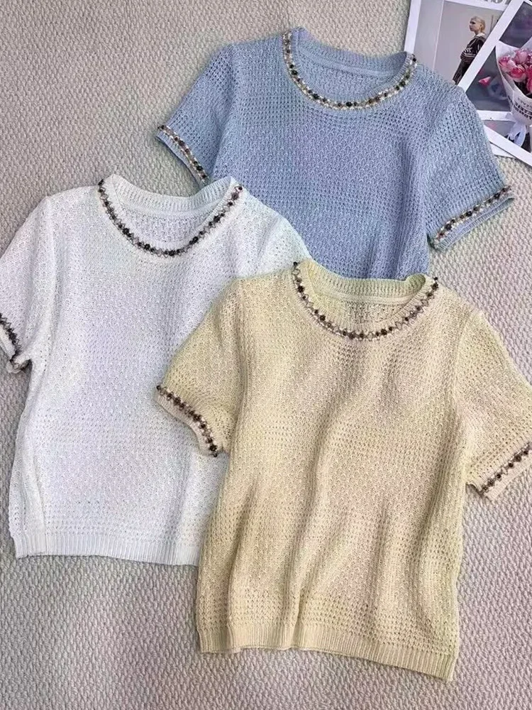 Faionable round Ne ort Sve Knitted Sweater Women's Sli Versatile Heavy Embroidery Casual Commute Korean Sle