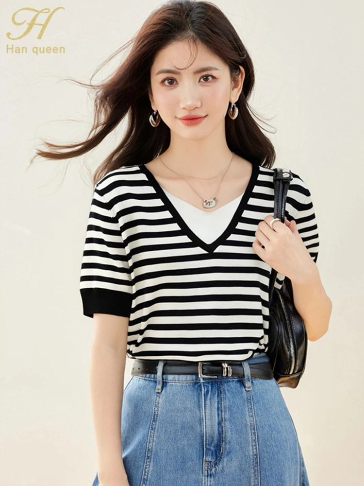

H Han Queen 2025 Summer Knitwear Elegant Colorblock Stripe Pullovers Sweaters Womens Korean Loose Casual Office Short Sleeve Top