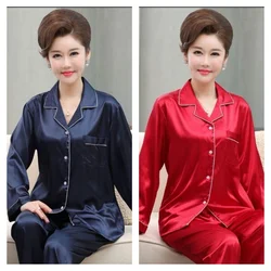 2PCS/Set Middle-Aged and Elderly Ice Silk Pajamas Female Spring and Autumn Long-Sleeved Silk Homewear Mum Women Soft Loungewear