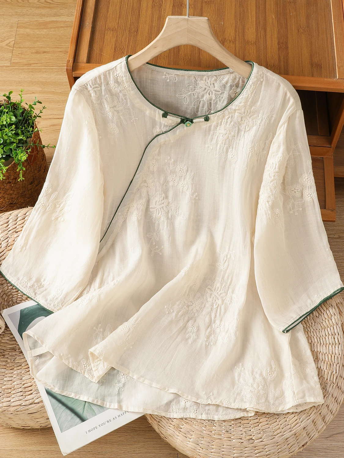 Chinese Style Embroidered Cotton Linen Women's Shirt Slanting Collar Button up Loose Fit Summer Fashion Artistic Top