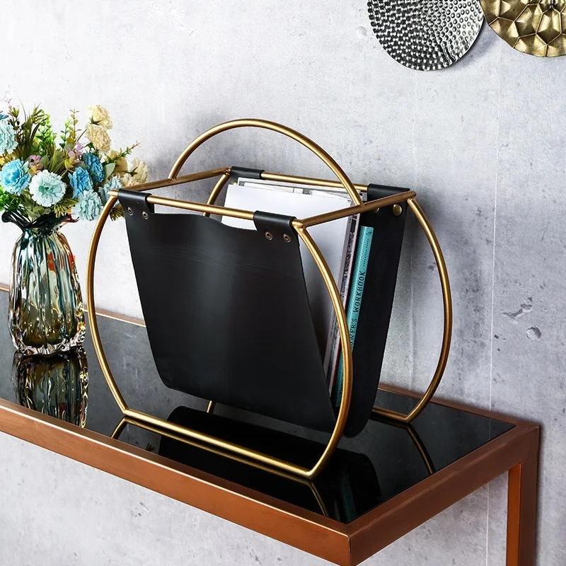 Free Standing Metal Round Leather Magazine Rack Creative Design for Desktop Folder Book File Newspapers Holder for Office Home