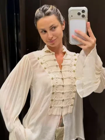Women Stand Collar Shirt Vintage Sheer Chiffon Blouse Napoleon Style Decor Buttons Flare Bell Long Sleeve Elegant Lightweight Au
