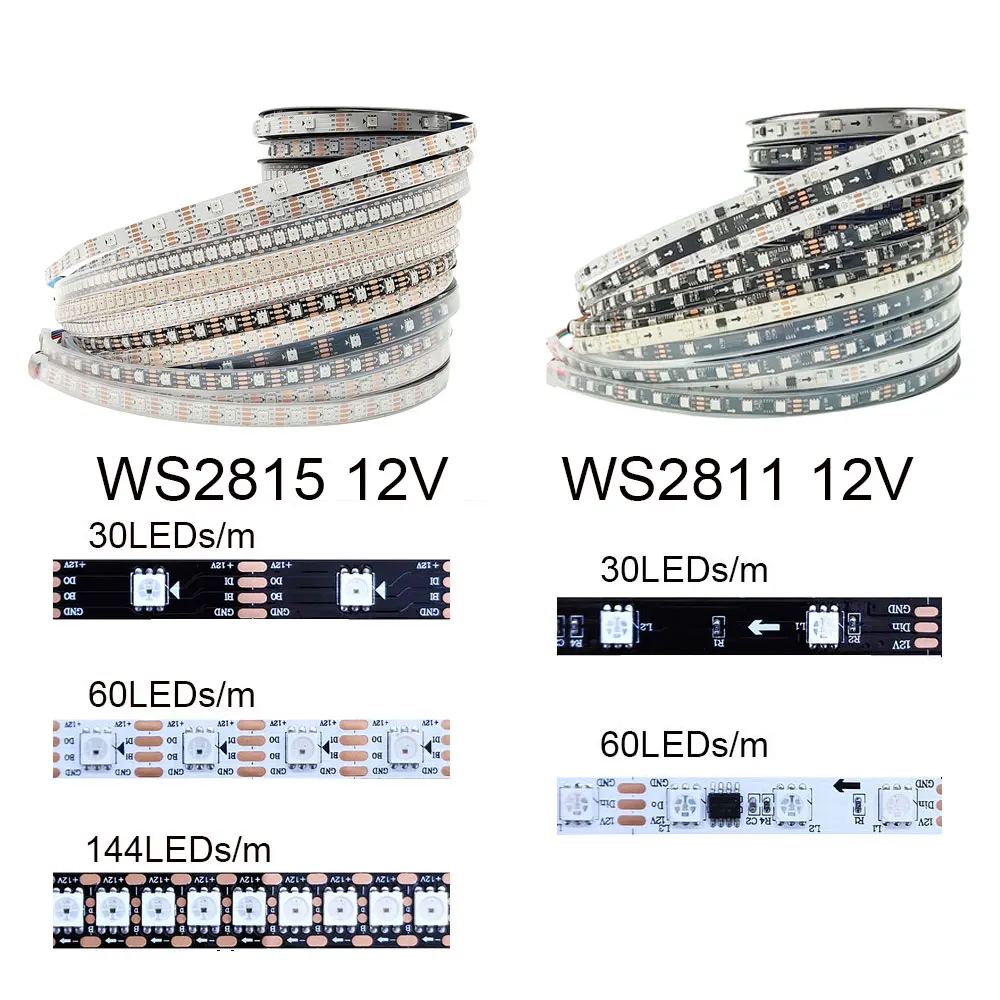 Fita leve flexível endereçável inteligente do pixel, tira conduzida, RGB, CC 12V, WS2815, WS2811, WS2811, 30, 60, 144LEDs, LEDs, preto, branco, PCB,