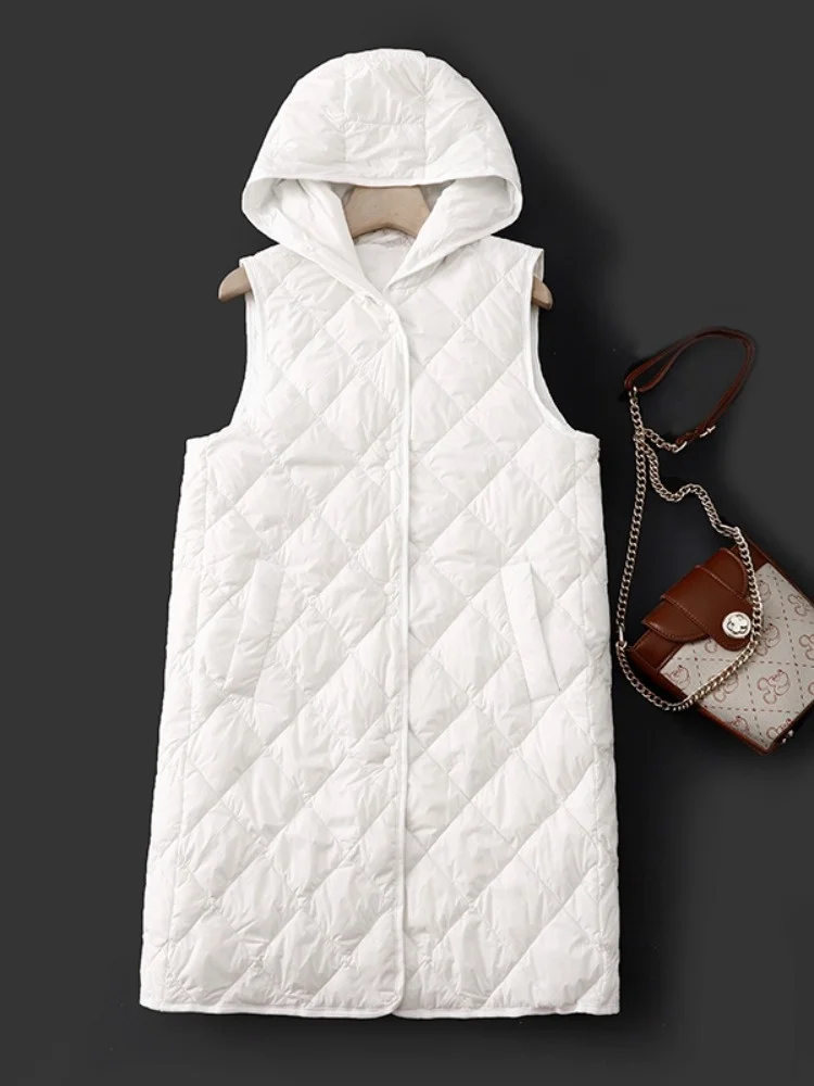 Women's Lightweight Long down Jacket Vest Autumn Winter Inner Wear Hooded Cotton Vest Loose Fit Fashionable Outerwear