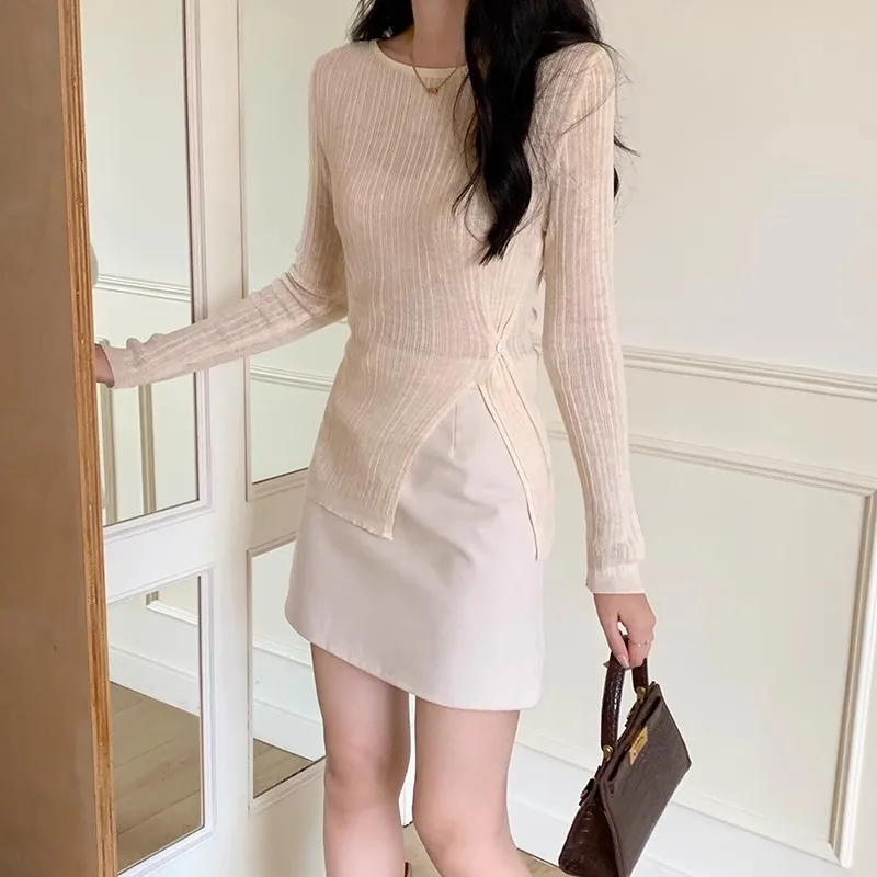 เสื้อสเวตเตอร์คอกลมสีทึบ, เสื้อสเวตเตอร์ถักแยกแขนยาวลําลองสําหรับฤดูใบไม้ผลิและฤดูร้อน, เสื้อผ้าผู้หญิง