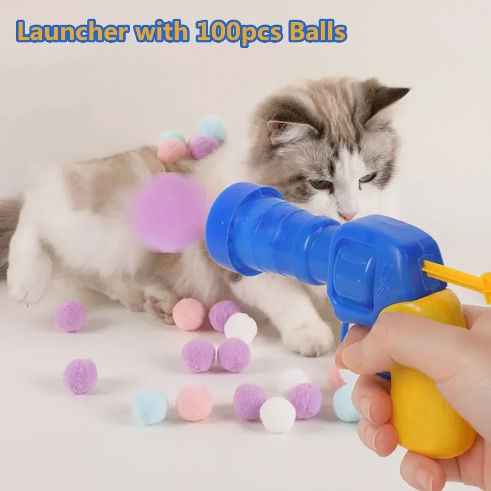Interaktives Katzenspielzeug Ballwerfer-Trainingsspielzeug für Kätzchen Lustiger Teaser Mini-Pompoms Haustier-Katzenspiel Dehnbare Plüschbälle Spielzeug für Katzen