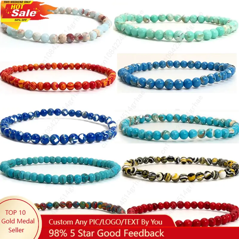 

4mm Chakra Beads Energy Bracelet Natural Round Turquoise Malachite Stone Stretch Bangles for Women Men Handmade Yoga Jewelry
