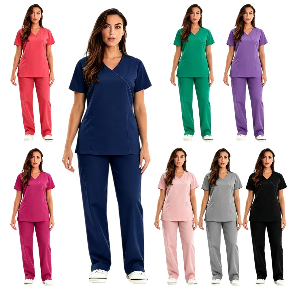 Women Scrub Set Operating Room Uniform Scrubs Hospital Working Doctor Nursing Tunic Suit Comfortable Short Sleeve Workwear