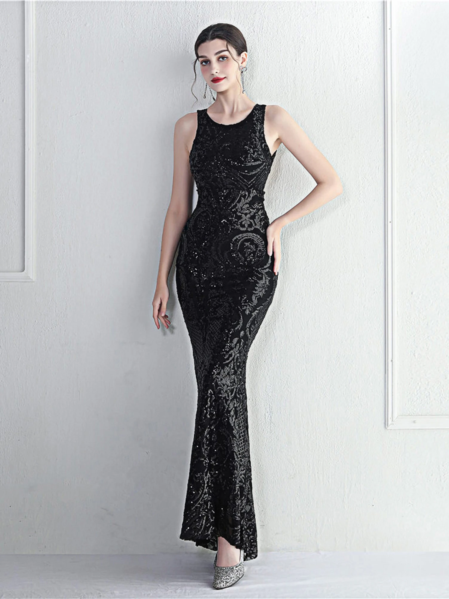 

Длинное вечернее платье Ele для женщин: сексуальное, блестящее, для сцены, концертов, показов мод, банкетов, с молнией, вышивкой