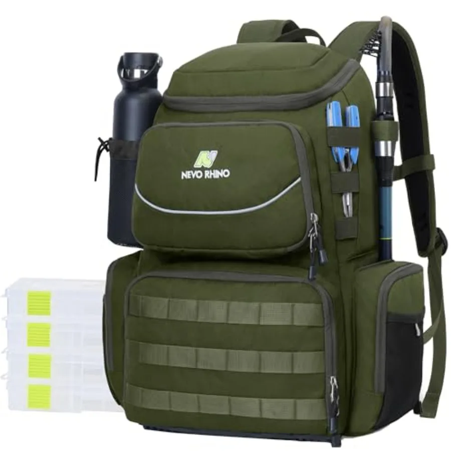 

N NEVO RHINO Fishing Tackle Backpack 40L Large Outdoor Tackle Bag with Rod Holders Waterproof Rain Cover Black