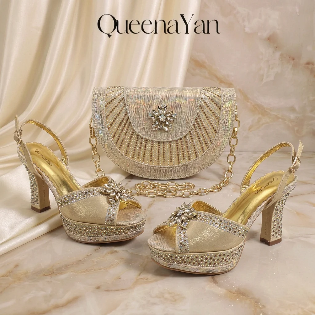 Italian Design Plus Size Women High Heels & Bag Set Hand Crafted Upper Rhinestone Pointed Pumps Elegant Bridal Shoes for Wedding