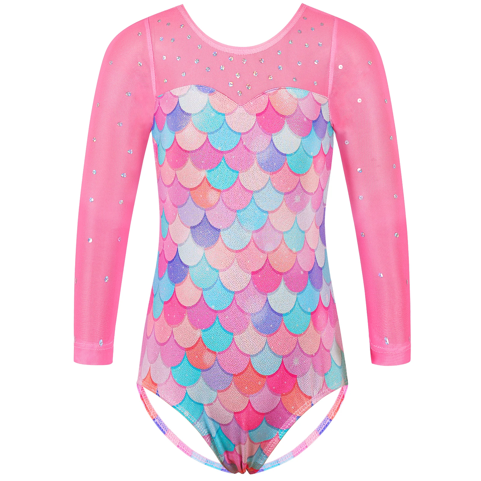 BAOHULU スパークル長袖レオタード女の子のためのラインストーングラデーションブルーピンク体操服子供ボディスーツダンスウェア