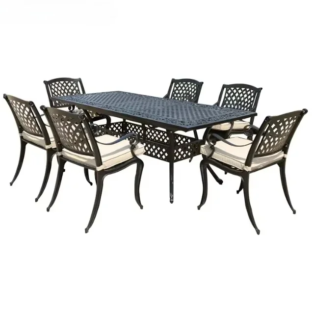#High Quality Waterproof Cast Aluminum Modern Design 6 Seater Outdoor Park Courtyard Garden Dining Tables and Chairs