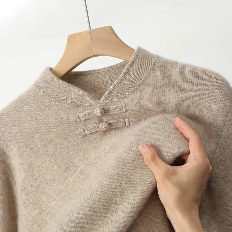 الخريف والشتاء الصوف الخالص الرجال الوقوف طوق زر البلوز سترة فضفاضة عارضة متماسكة قاع معطف