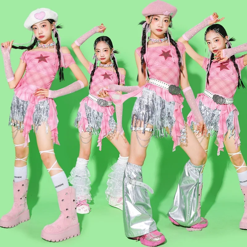 Girls K-pop Sweet Off Shoulder Crop Top Sequin Shorts Kids Hip Hop Jazz Street Dance Clothes Sets Children Girl Group Streetwear