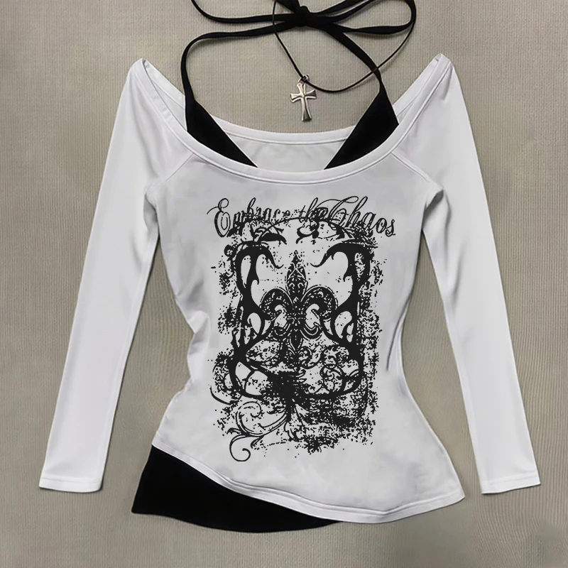 

New Outdoor Autumn/Winter Gothic Emo Casual Hanging Collar Off Shoulder Fake Two Piece Set Long Sleeve Shirt