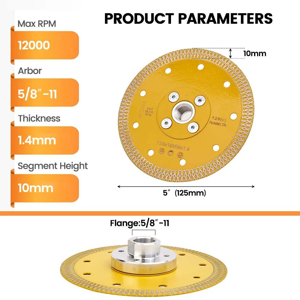 5" 125mm X 메쉬 타일 블레이드 화강암 대리석 도자기 타일 절단용 탈착식 플랜지 5/8"-11이 있는 다이아몬드 커팅 블레이드