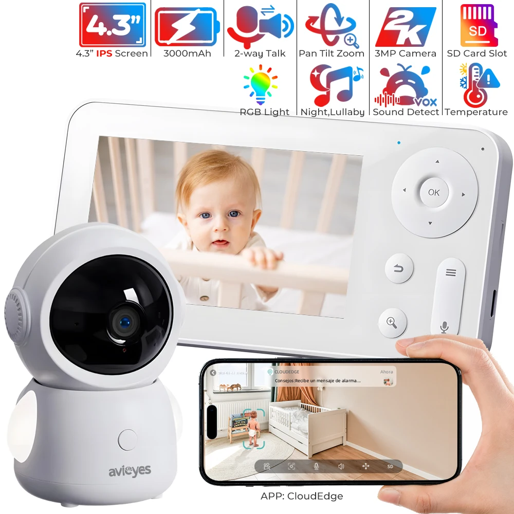 

4.3" Split-Screen Baby Monitor with 2 Cameras WiFi Baby Phone via Screen & APP Control PTZ Auto Tracking Baby Camera Night Light