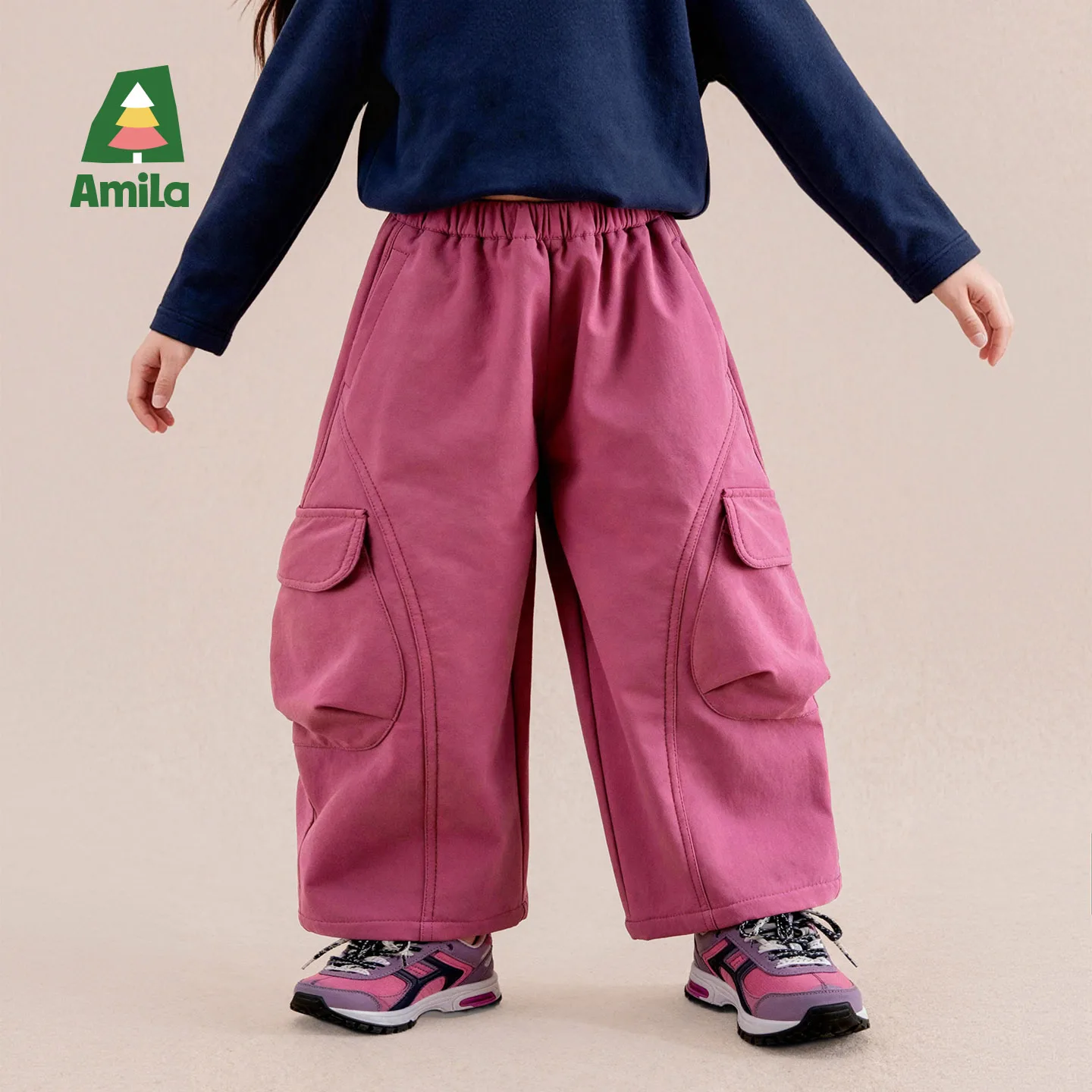 Amila 2026 Winter New Kids Casual Long Pants Woven Fleece Lined Cargo Wide Leg Outdoor Warm Extra Soft Cozy Daily Long Pants