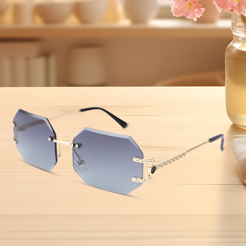 Fashion Sunglasses for Women Men- Octagon Frameless Sun Glasses Black Shade Polygon Tinted Eyewear