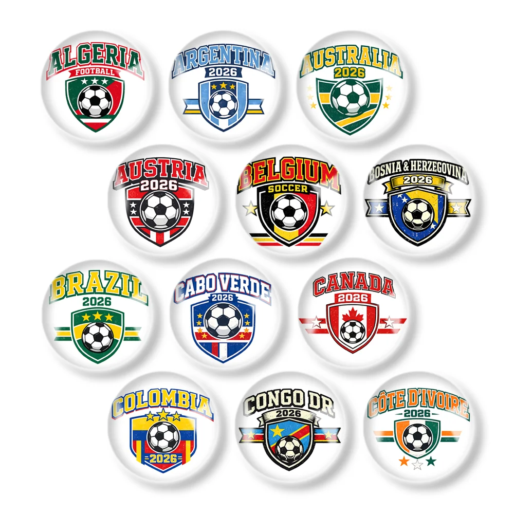 1PCS 30MM Round Glass Fridge Magnets, Vintage Country Football Shield Refrigerator Magnets, Soccer National Flag Badge Magnets