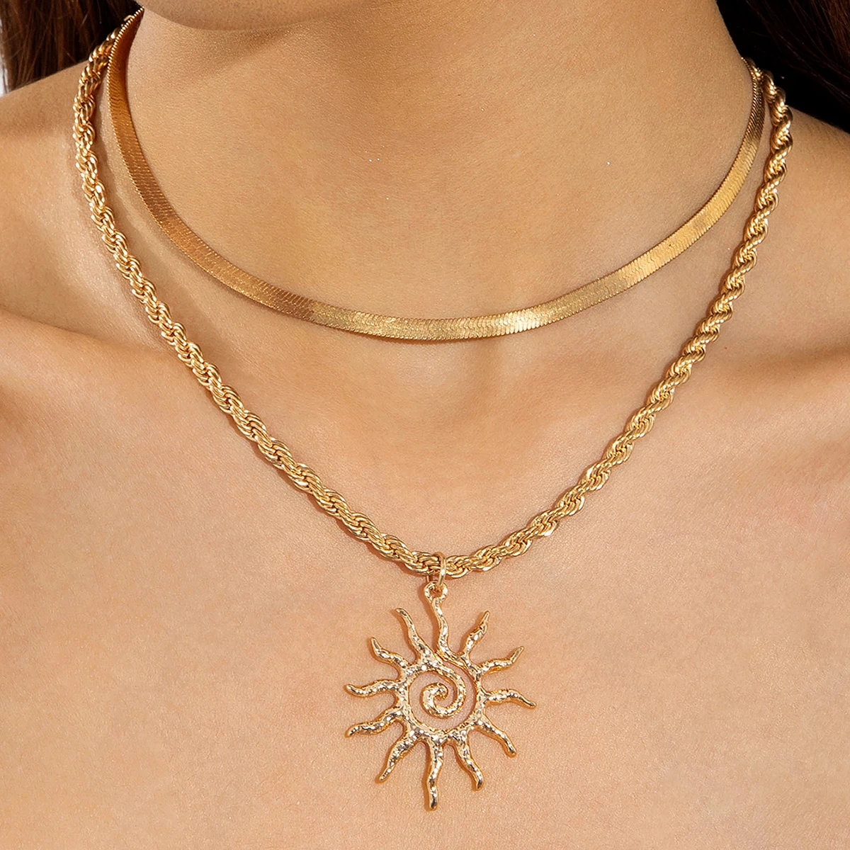 Docona Fashion Retro Metal Double Chain Alloy Sunflower Pendant for Women's Summer Daily Vacation Jewelry Accessories