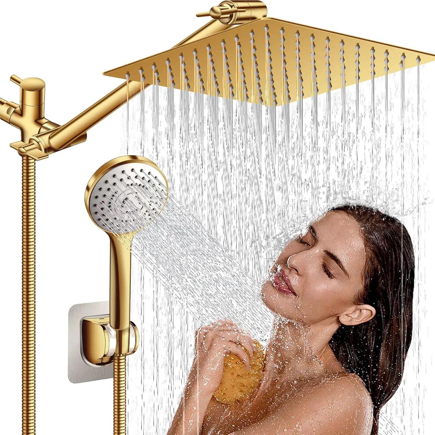 

Gold Rainfall & Handheld Shower Combo with Adjustable Arm, 5 Spray Settings, Anti-Leak Hose