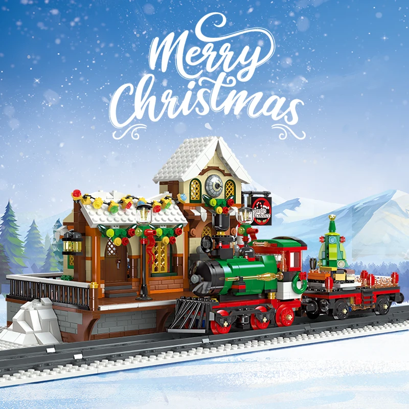 Christmas Train Platform With Light Street View Building Blocks Bricks Winter House Railway Station Model Assembly Toy Kid Gifts