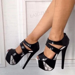 BERZIMER Women Sandals Peep Toe Patchwork Back Zip Up Party Thin High Heels Patchwork Pumps Shoes Woman Large Size 41 44 48 52