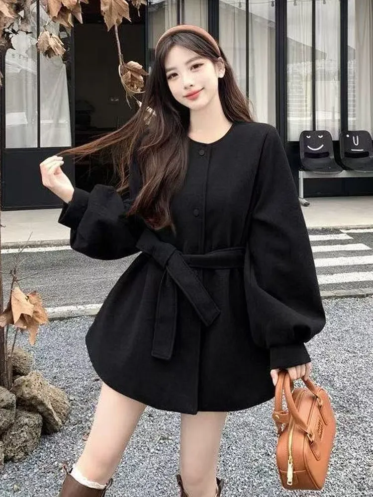 Khaki Mid-Length Woolen Coat Women Winter Cotton Lined Thickened Lantern Sleeve round Neck High-End Feelings Belted Coat