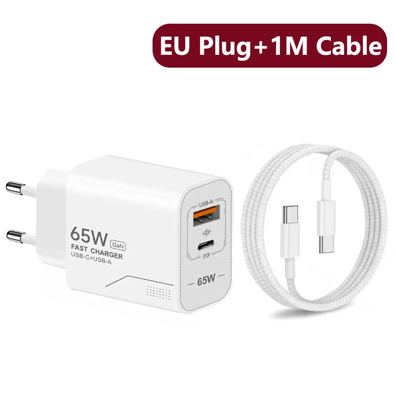 65W snellader voor iPhone 18, 17, 16 Pro Max, Samsung, Xiaomi, PD-lader, 2-poorts GaN-lader, USB-C-lader, draagbare telefoonlader.