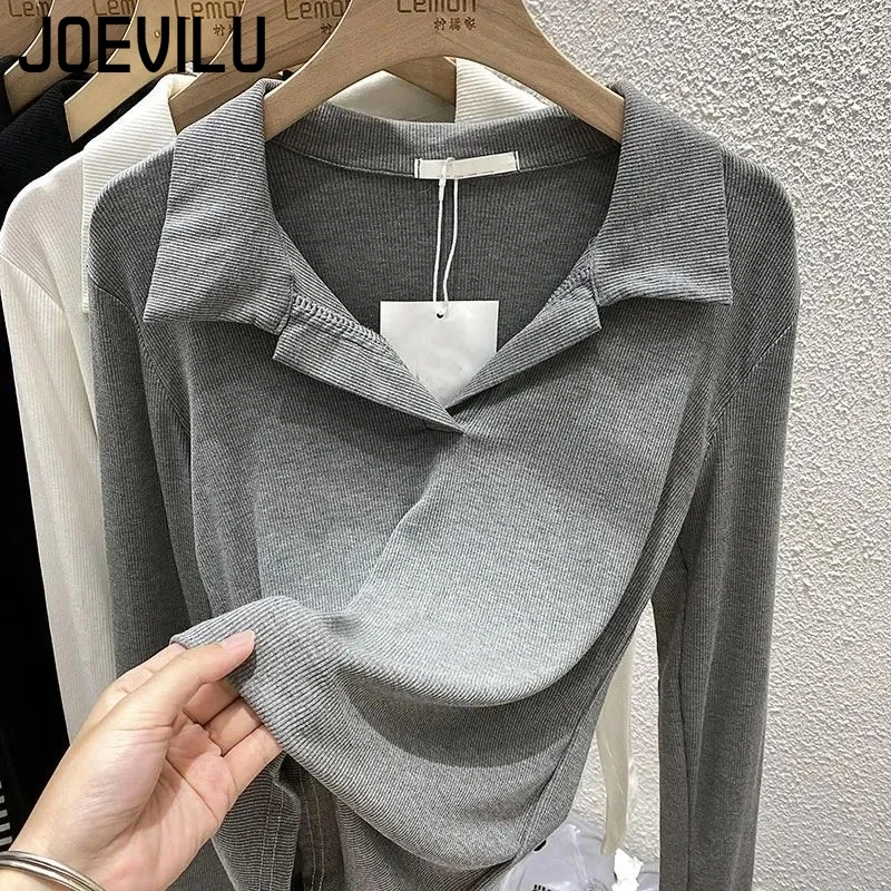 JOEVILU POLO Neck Striped T-shirt Women's Threaded Long Sleeved Tops Autumn Leisure Pullover Versatile Korean Outerwear Clothes